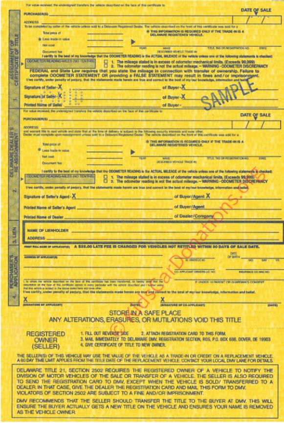 This is an Example of Delaware Certificate of Title (MV-202A, 1997) Reverse View | Kids Car Donations